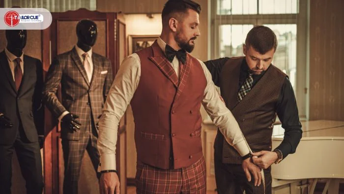 a tailor taking measurement for a custom suit